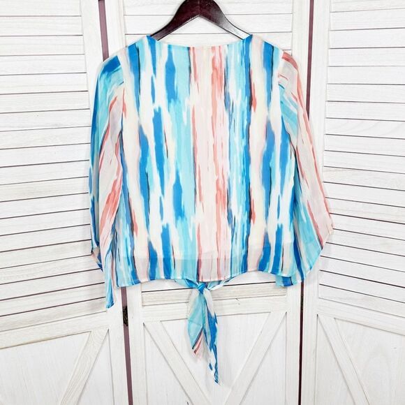 J.T.B. Paint Stroke Print Tie Front Bell Sleeve Blouse White Blue Petite Medium - Picture 9 of 13